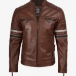 Brown Leather Racer Jacket with Stripes - Image 4