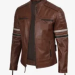 Brown Leather Racer Jacket with Stripes - Image 3