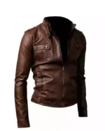 Slimfit Brown Strap Pocket Biker Jacket - Image 3